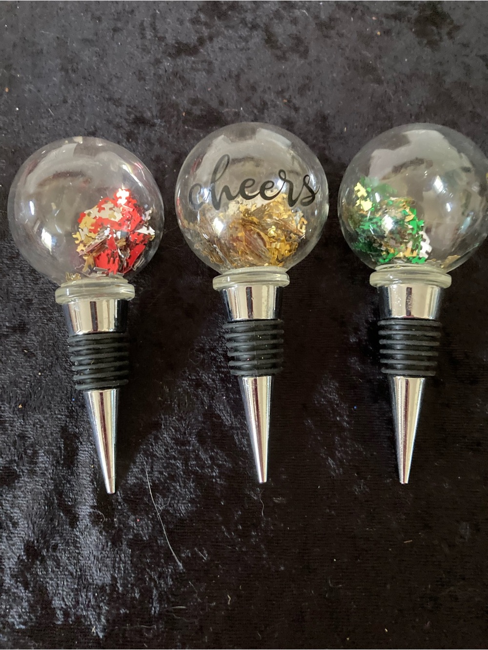 Cheers Glass Globe Wine Bottle Stopper Set - Gold, Red, Green Holiday Celebrate